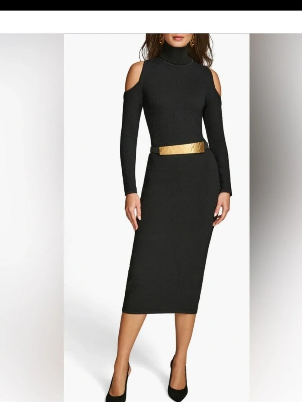 Donna Karan NWT Black Cold Shoulder Knit Sweater Dress PM $159 No Belt Cozy